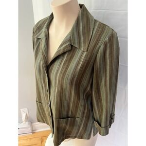 Vintage 80s Alia Petites Brown Green Striped Button Front Shirt Jacket